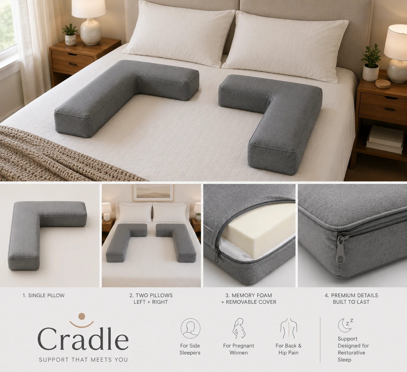 Cradle memory-foam support pillow, left and right pair on a bed